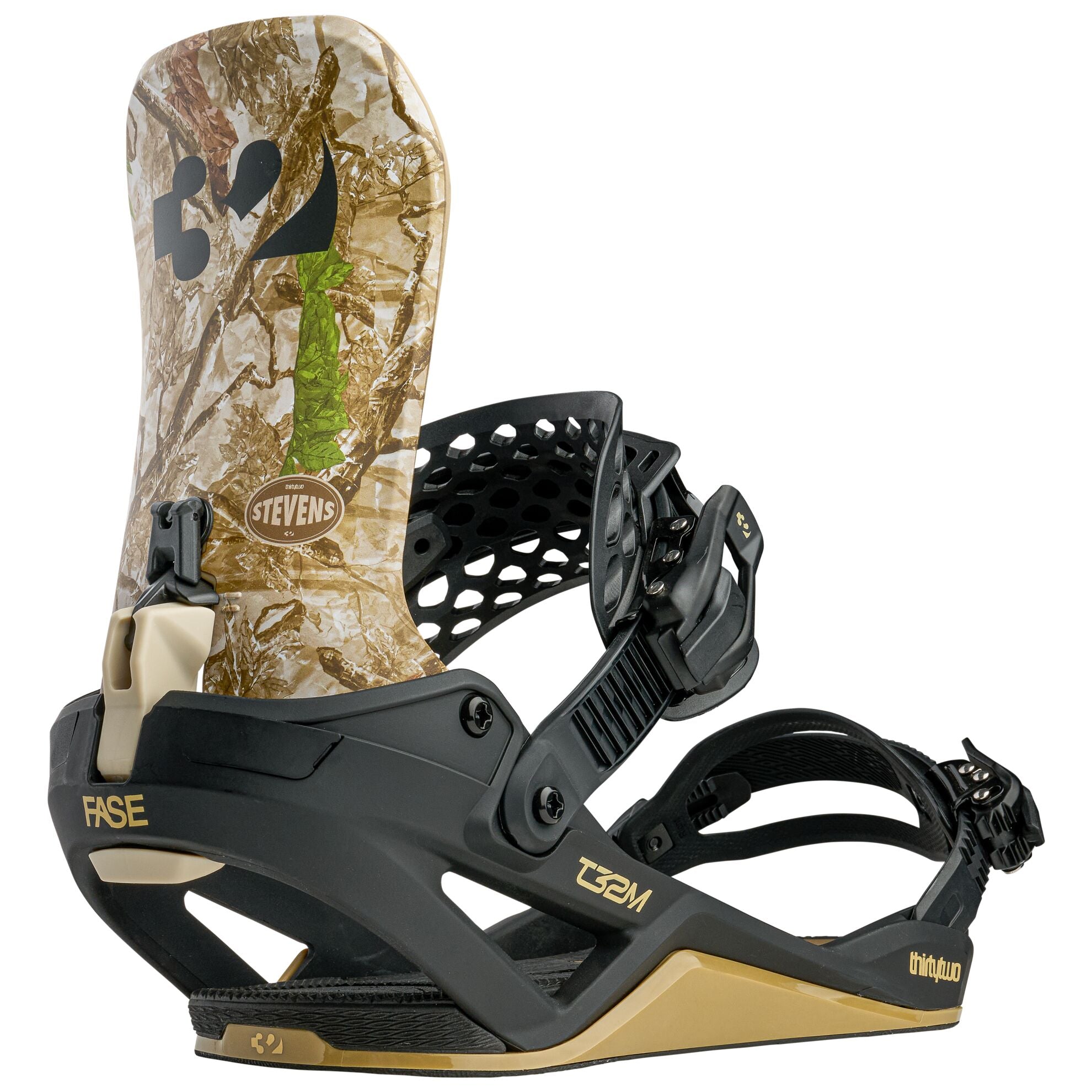 Thirty Two Team Scott Stevens snowboard binding in brown and black, designed for snowboarding with adjustable straps and sturdy construction.