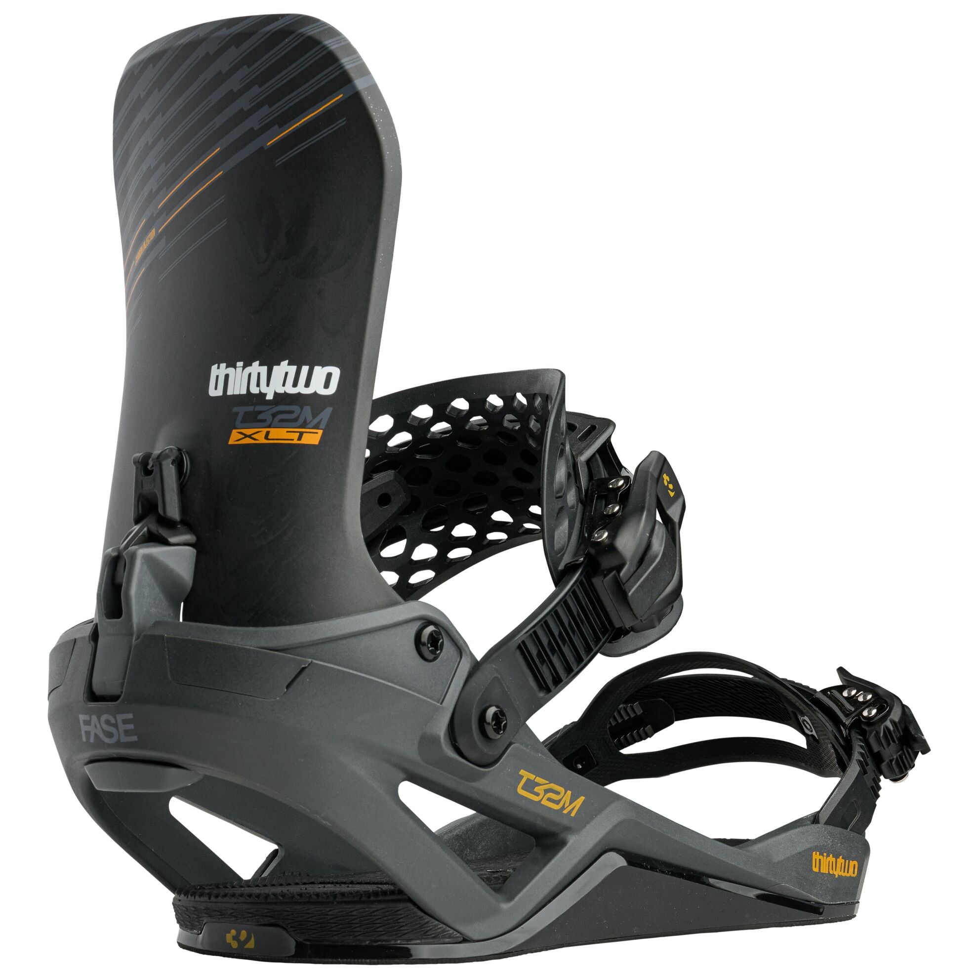 Thirty Two Team T32M XLT Fase snowboard binding in black, showing adjustable straps and sturdy construction for snowboarding.