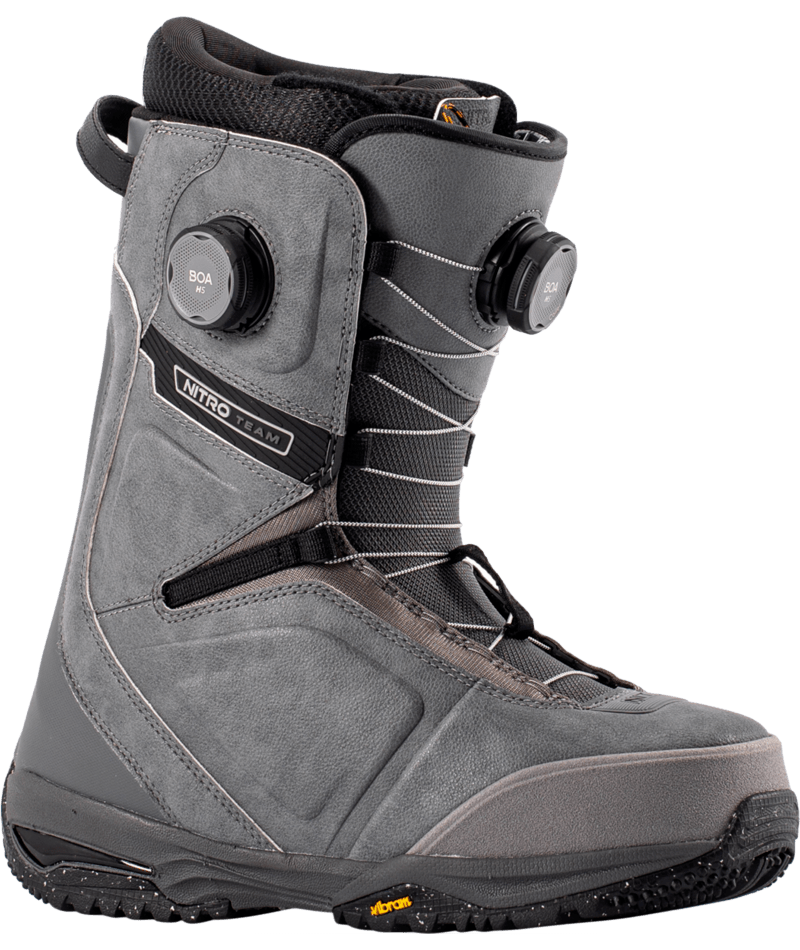 Nitro Team Boa Snowboard Boots 2027, black and gray snowboard boots with adjustable lacing system and padded interior.