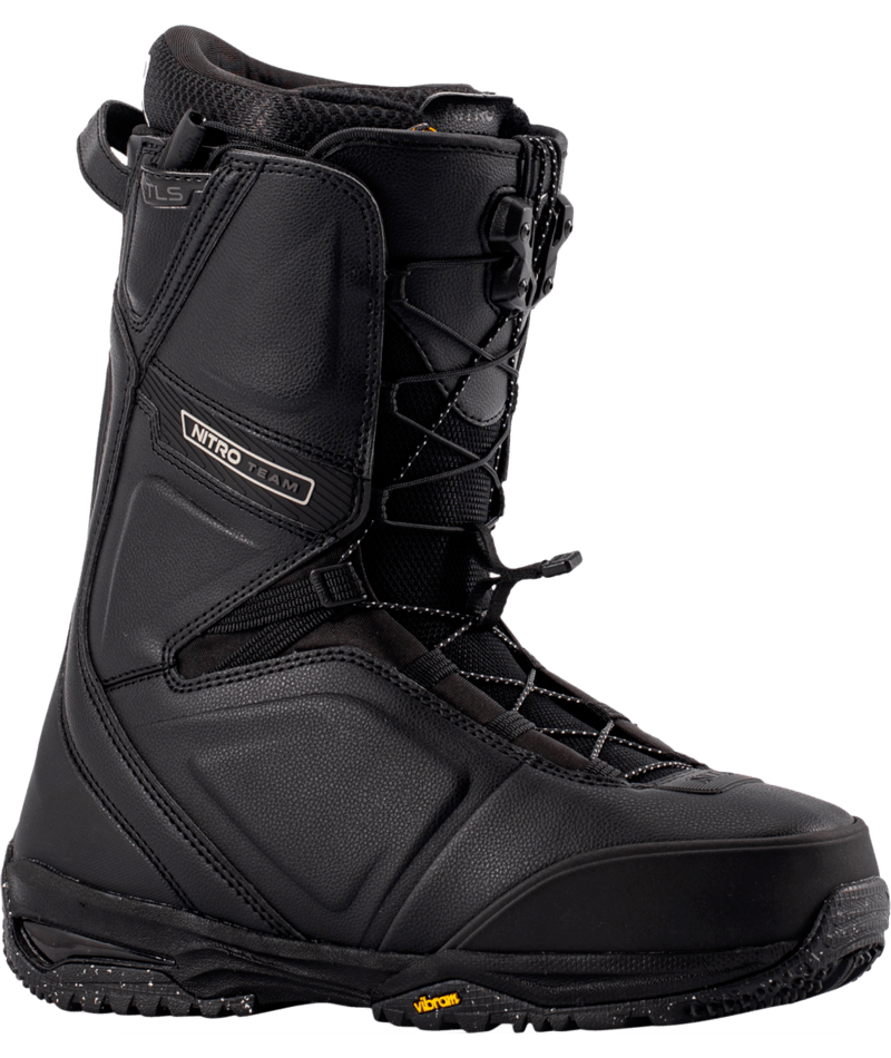 Nitro Team TLS Wide Snowboard Boots 2027, white and black snowboard boots with secure lacing system for winter snowboarding.