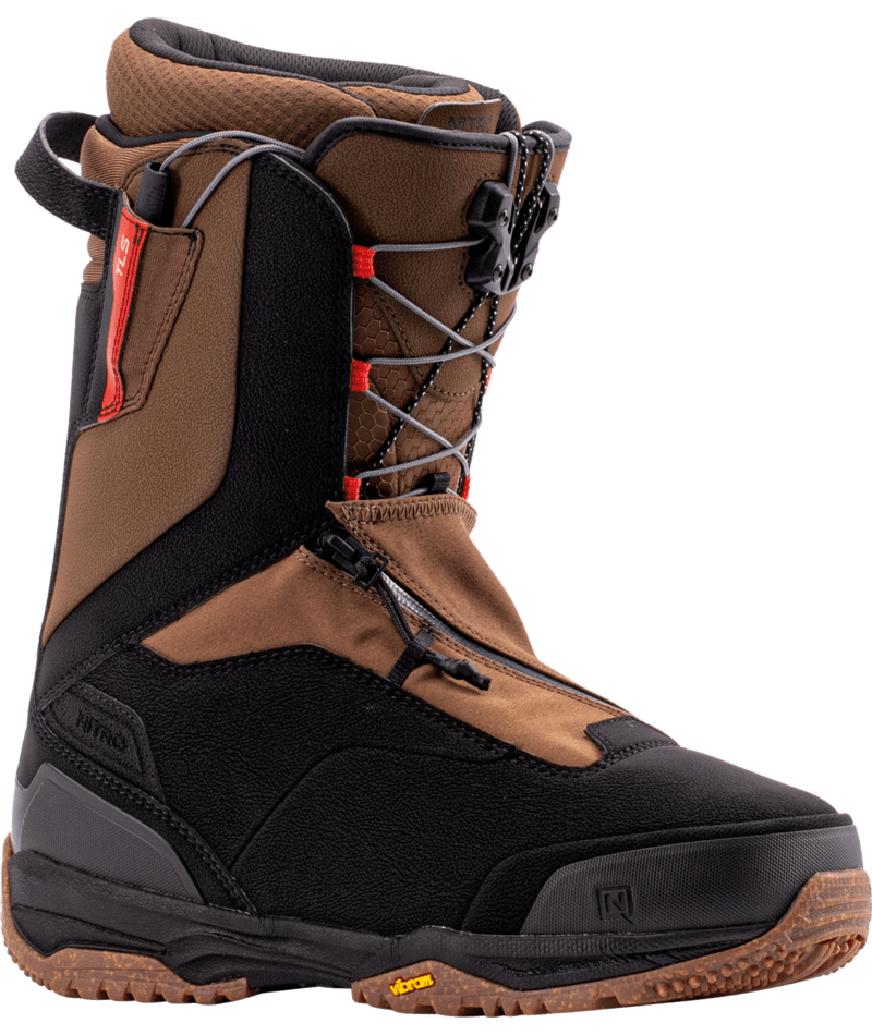 Nitro Venture Pro TLS snowboard boots for snowboarding, showing reinforced black and white design with buckles and padding.