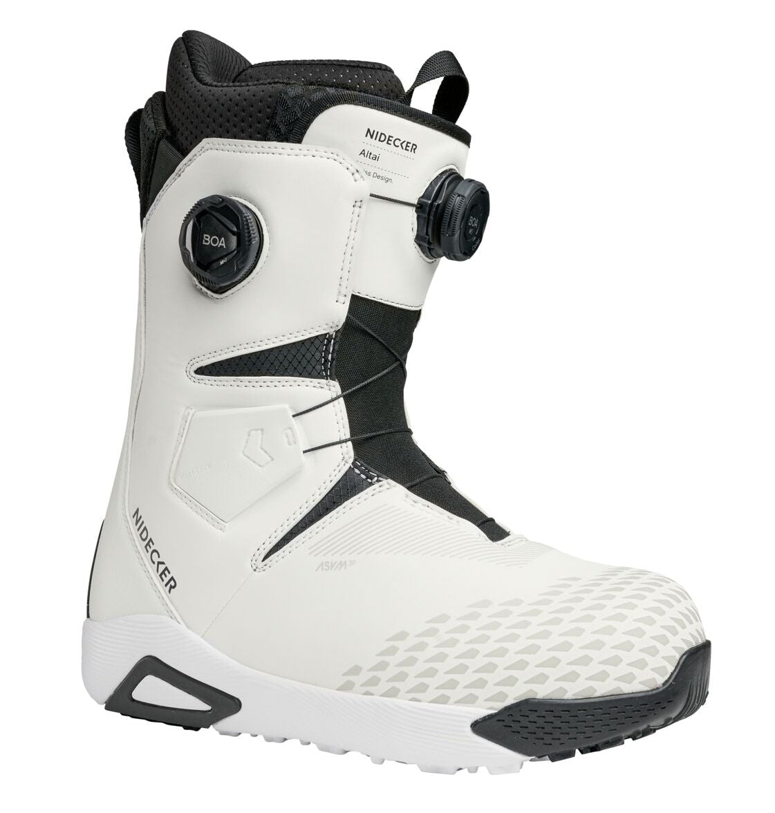 Nidecker Altai men's snowboard boots in white, designed for snowboarding, with a sturdy build and adjustable straps.