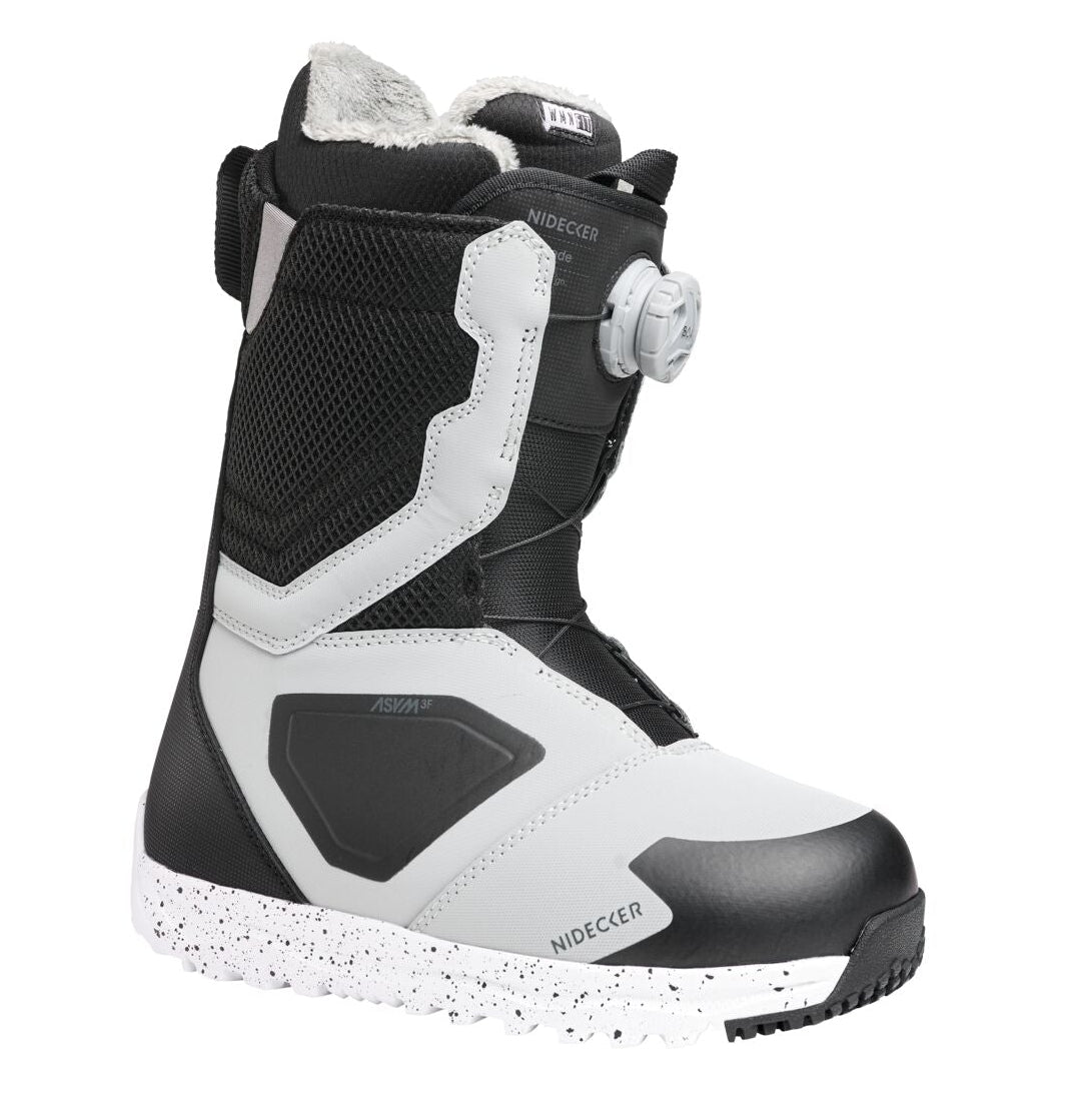 Nidecker Cascade women's snowboard boots in gray and black, designed for snowboarding comfort and style.