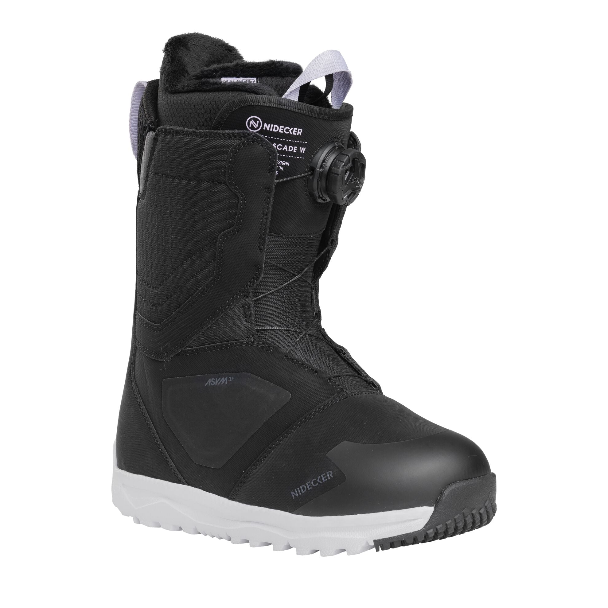 Nidecker Cascade women's snowboard boots in black, showing the snug fit and sturdy design for snowboarding.