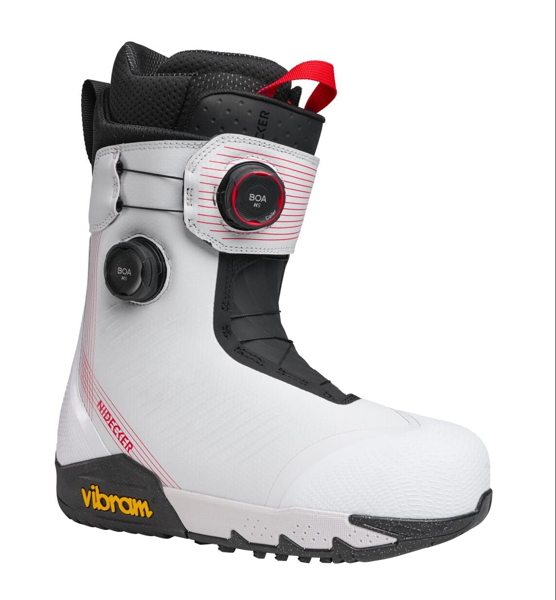 Nidecker Kita men's snowboard boots in white, designed for snowboarding, with a close-up view of the boots' details.
