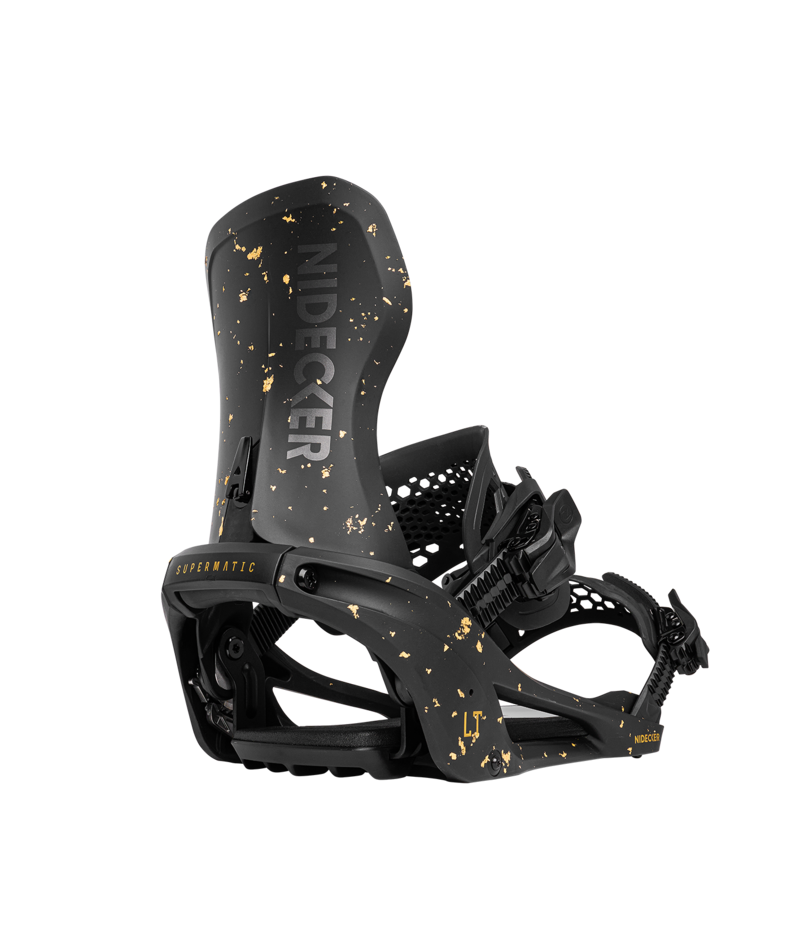 Nidecker LT Supermatic snowboard bindings in Stardust color with adjustable straps and high-back support on a snowboard.