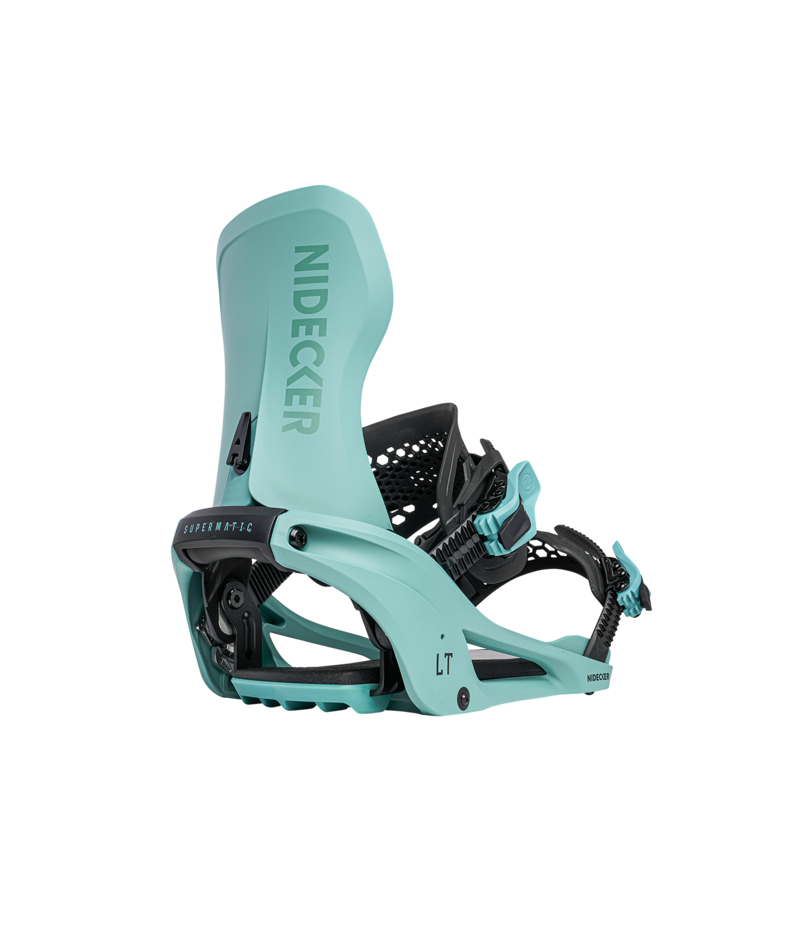 Nidecker LT Supermatic snowboard bindings in teal with adjustable straps and high-back support, designed for snowboarding.