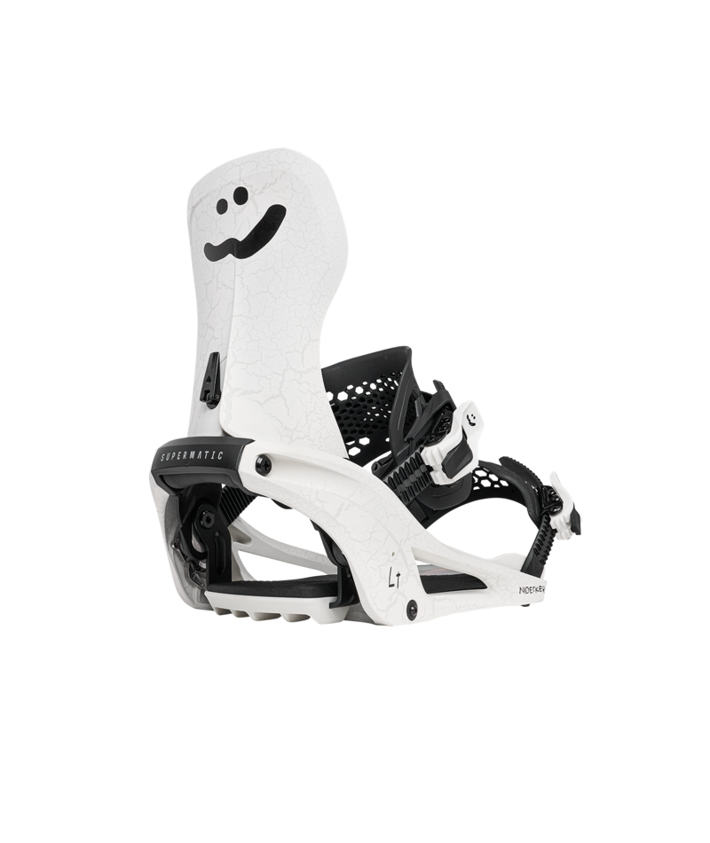 Nidecker LT Supermatic snowboard bindings in black and white, featuring adjustable straps and high-back support for snowboarding.