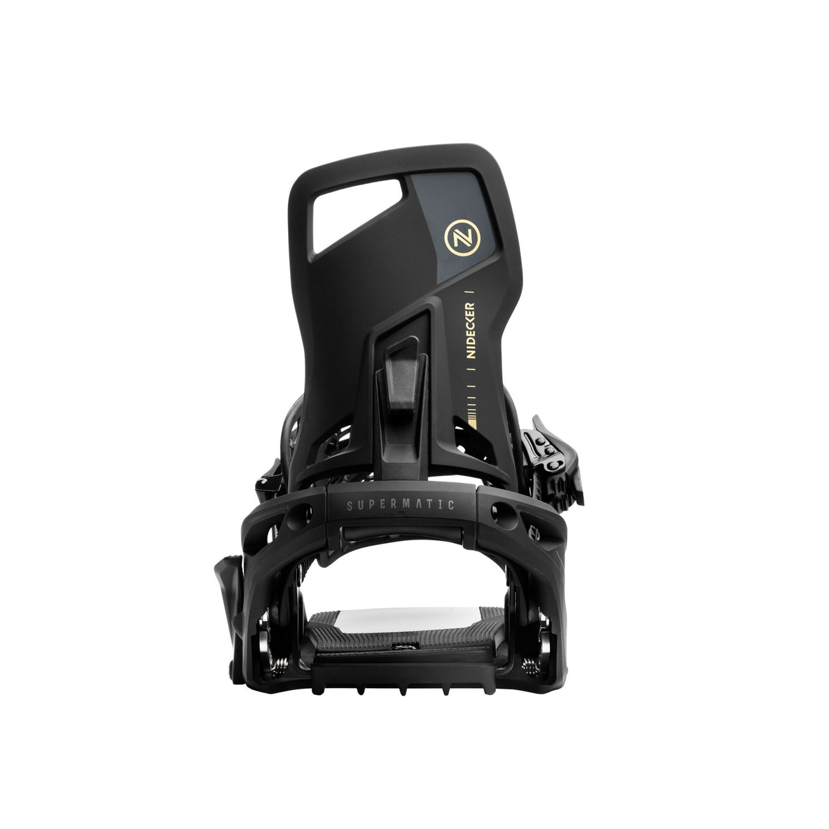 Nidecker OG Supermatic snowboard bindings in black mounted on a snowboard, designed for snowboarding enthusiasts.