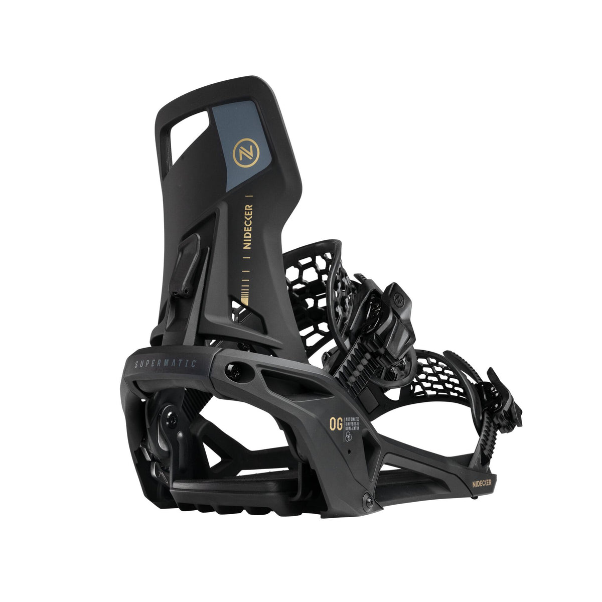 Nidecker OG Supermatic snowboard bindings in black, designed for snowboarding, shown in close-up on a low-resolution image.