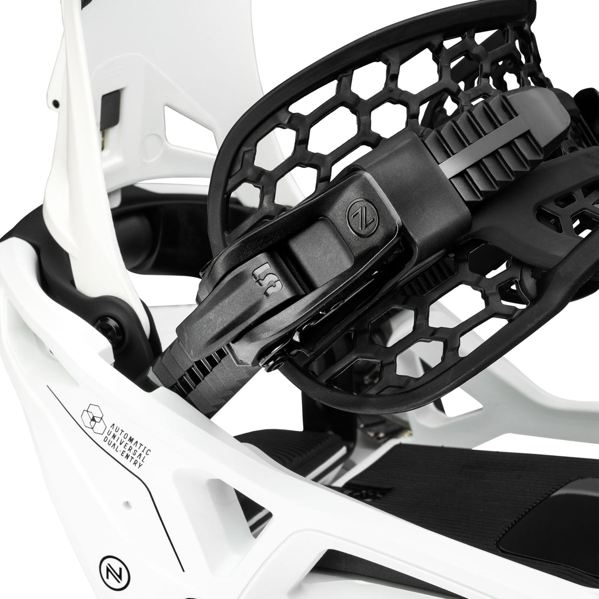 Nidecker OG Supermatic snowboard bindings in white, designed for snowboarding, with adjustable straps and high-back support.