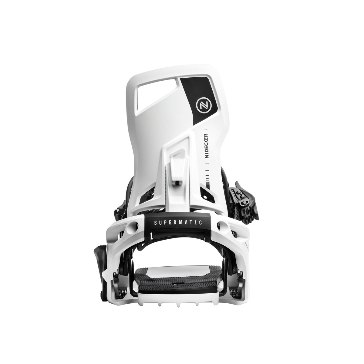 Nidecker OG Supermatic snowboard bindings in white with high-back support and adjustable straps for snowboarding.