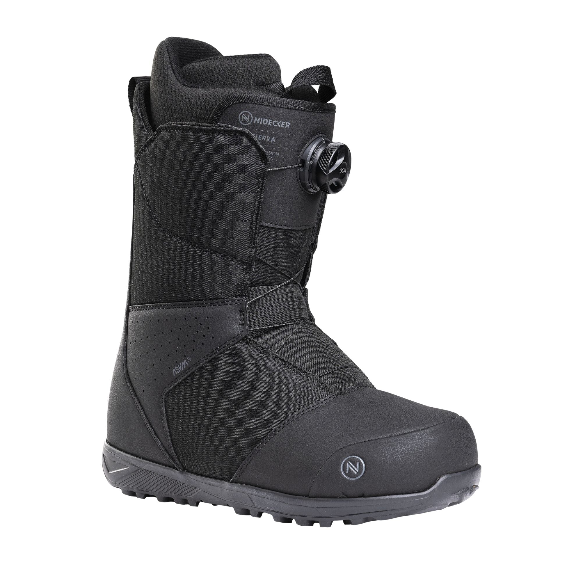 Nidecker Sierra men's snowboard boots in black, designed for snowboarding with supportive features and durable construction.