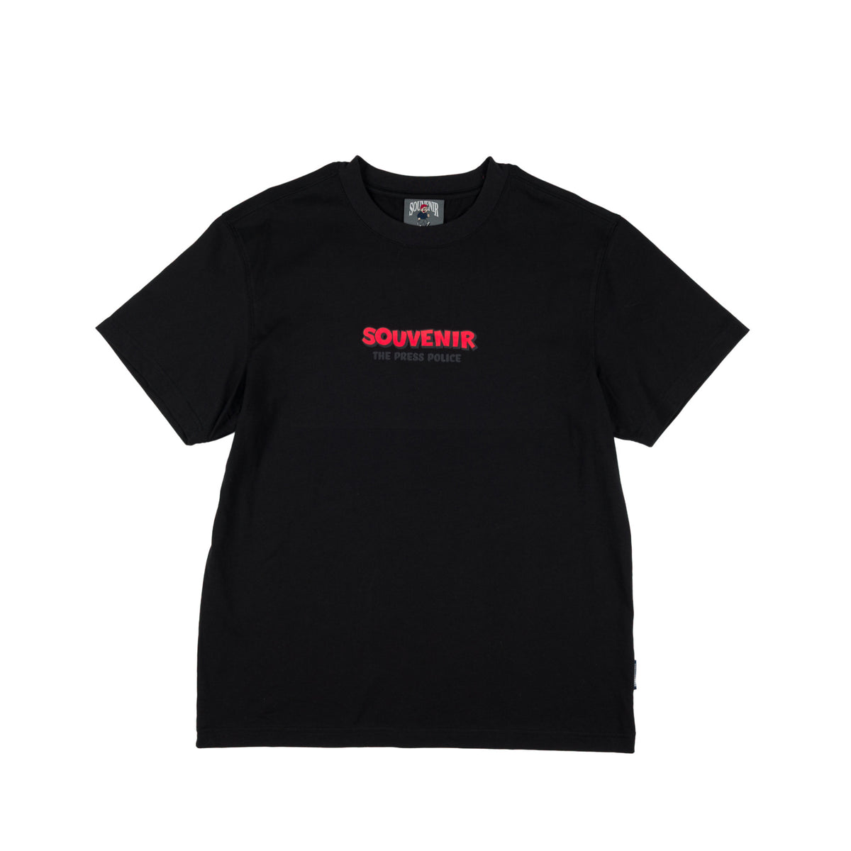 A black short-sleeve crewneck t-shirt with a red 'SOUVENIR' logo printed across the chest, displayed flat against a plain white background.