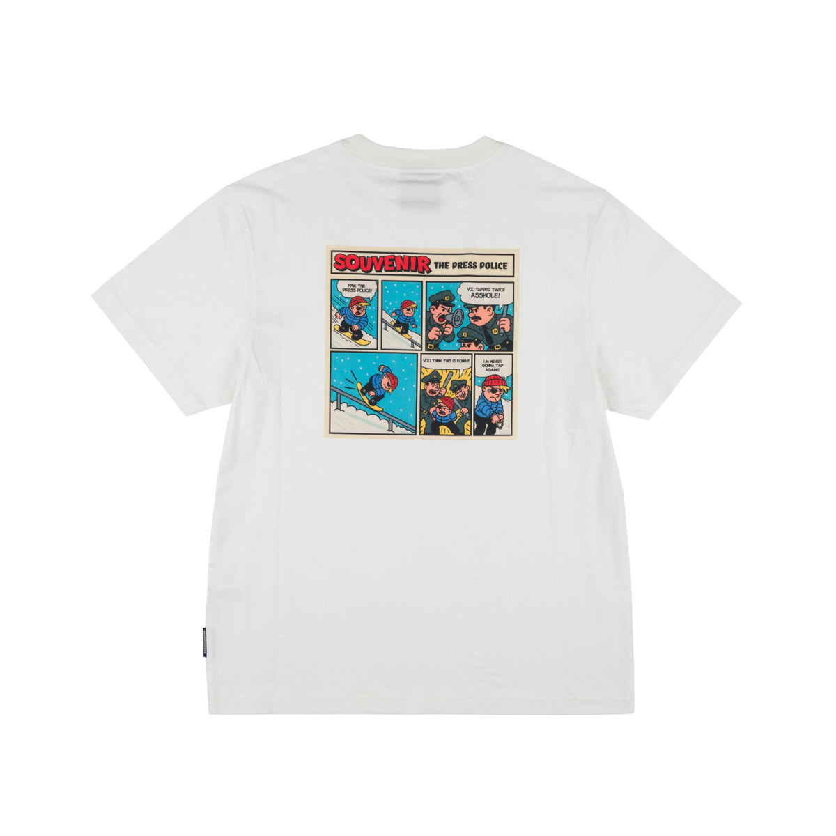 A white short-sleeve crewneck t-shirt featuring a vintage comic book panel graphic on the chest with the text 'SOUVENIR - THE PERFECT POLICE'.