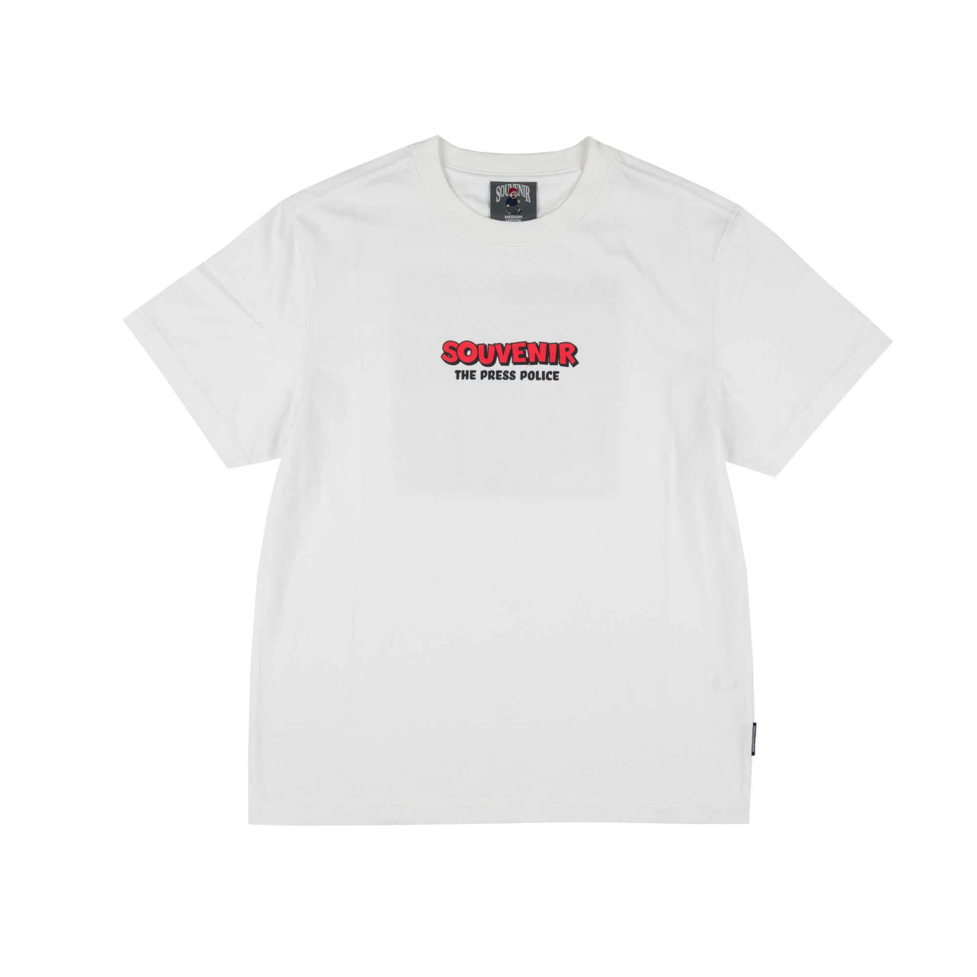 A white short-sleeve crewneck t-shirt with a graphic on the chest reading 'SOUVENIR THE PRESS POLICE' in red and black, displayed flat against a white background.