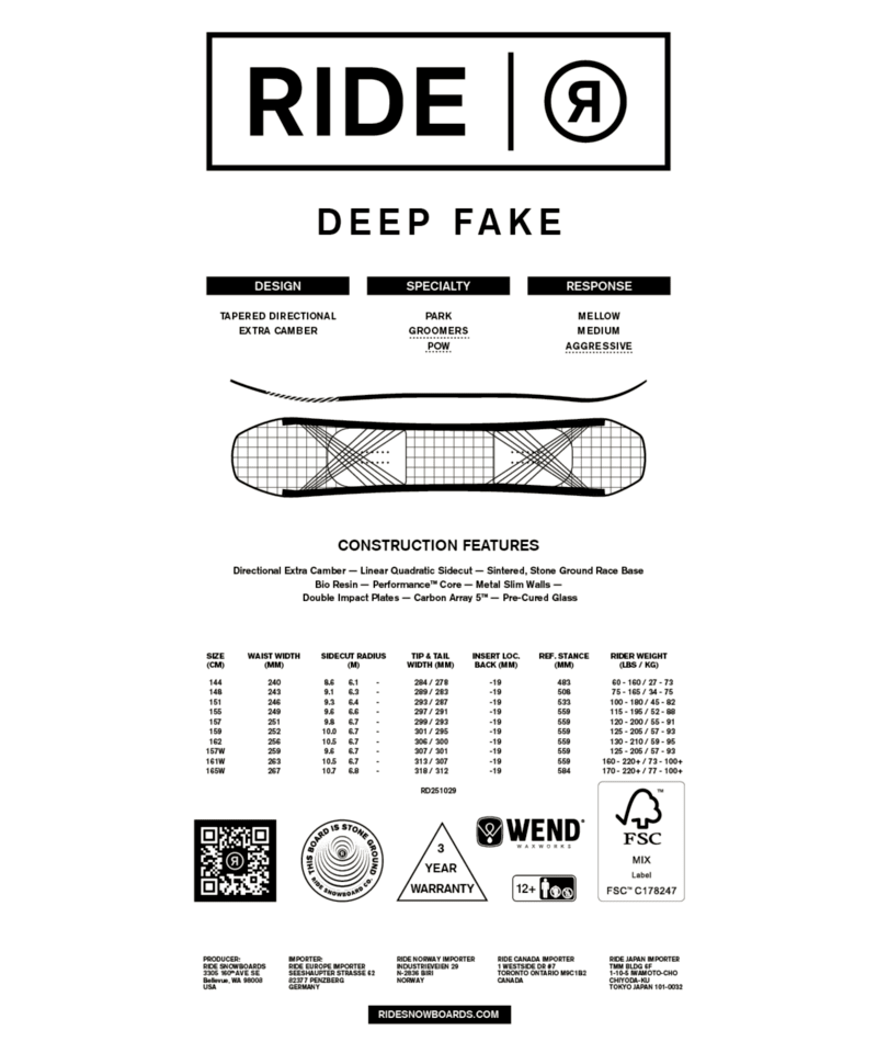 Ride Deep Fake Snowboard 2026 - M I L O S P O R T
