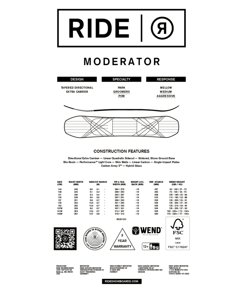 Ride Moderator Snowboard 2026 - M I L O S P O R T