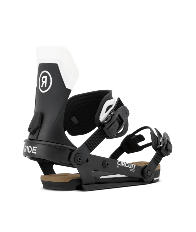 Ride Circuit snowboard bindings in black with adjustable straps and high-back support, designed for all-mountain snowboarding.