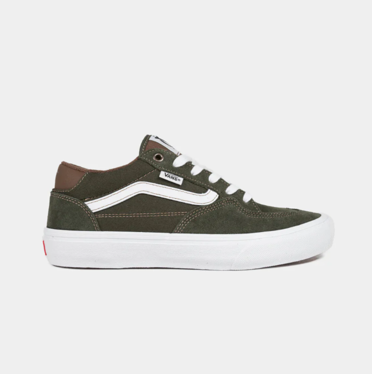 Vans Rowan skate shoes in green and brown with classic design and sturdy sole, suitable for skateboarding and casual wear.