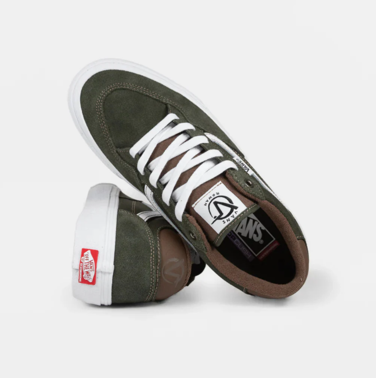 Vans Rowan skate shoes in green and brown with classic design, featuring durable material and skate-ready style.
