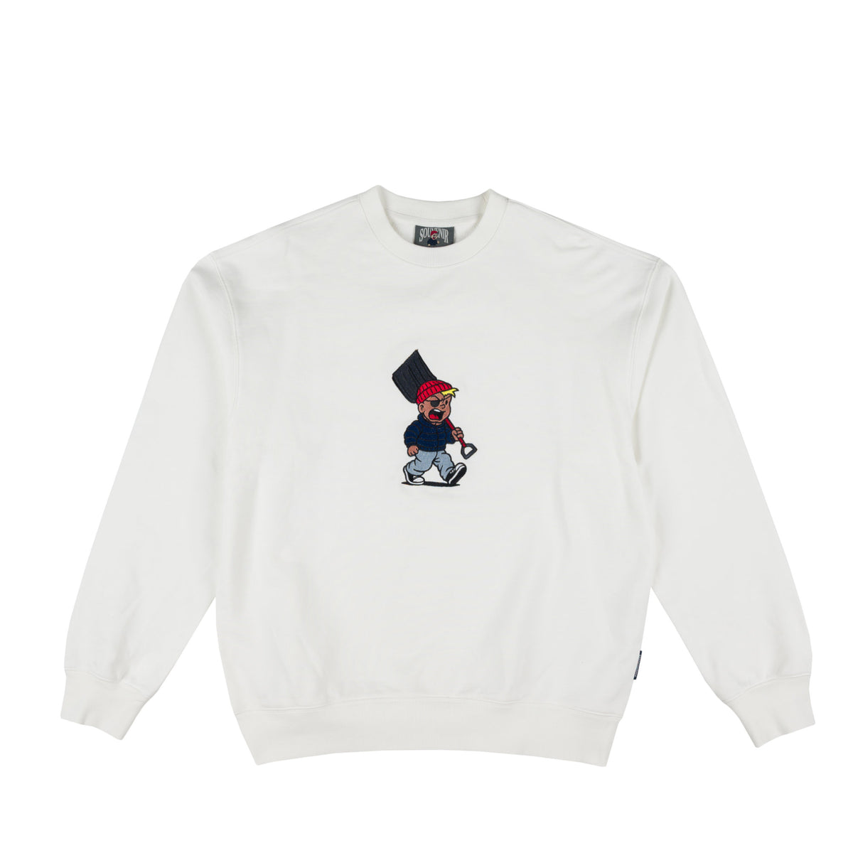 An off-white crewneck sweatshirt featuring a small embroidered cartoon character on the center chest, displayed against a solid white background.