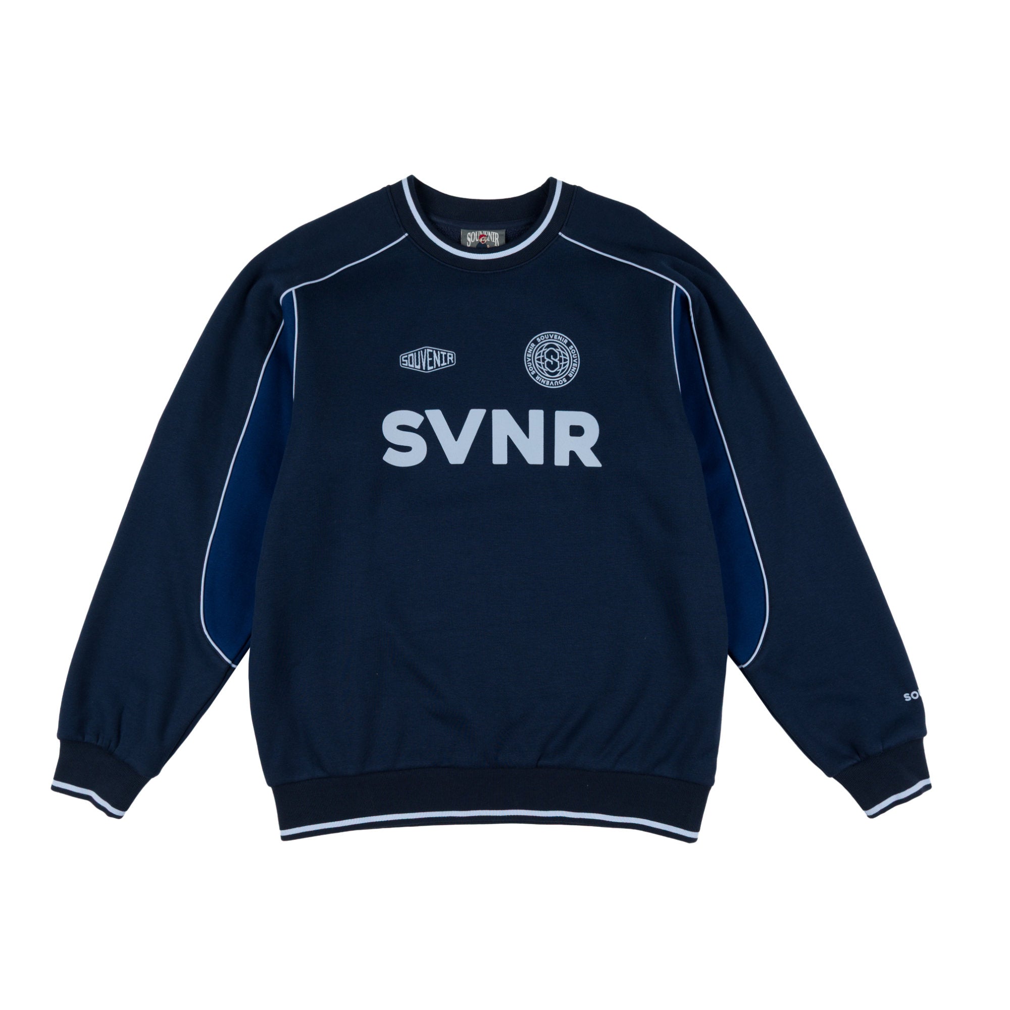 A navy blue long-sleeve crewneck sweatshirt with white piping details and 'SVNR' printed in white across the chest, displayed flat against a white background.