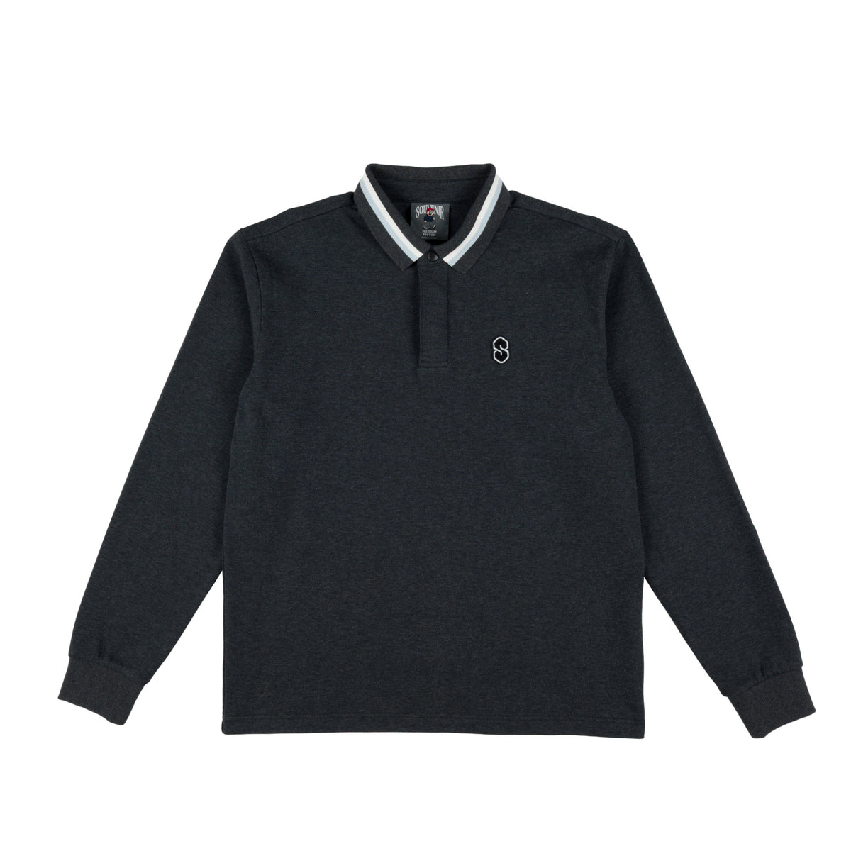 A black long-sleeve shirt with a white and navy striped collar and a small embroidered souvenir logo on the left chest, displayed flat against a white background.
