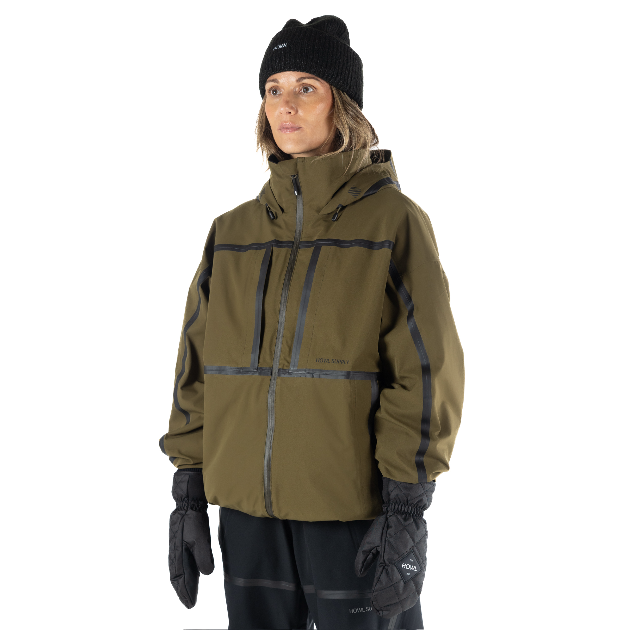 Olive-colored Howl Taped Jacket for men and women, showcasing a sleek, modern design with taped seams and stylish fit.