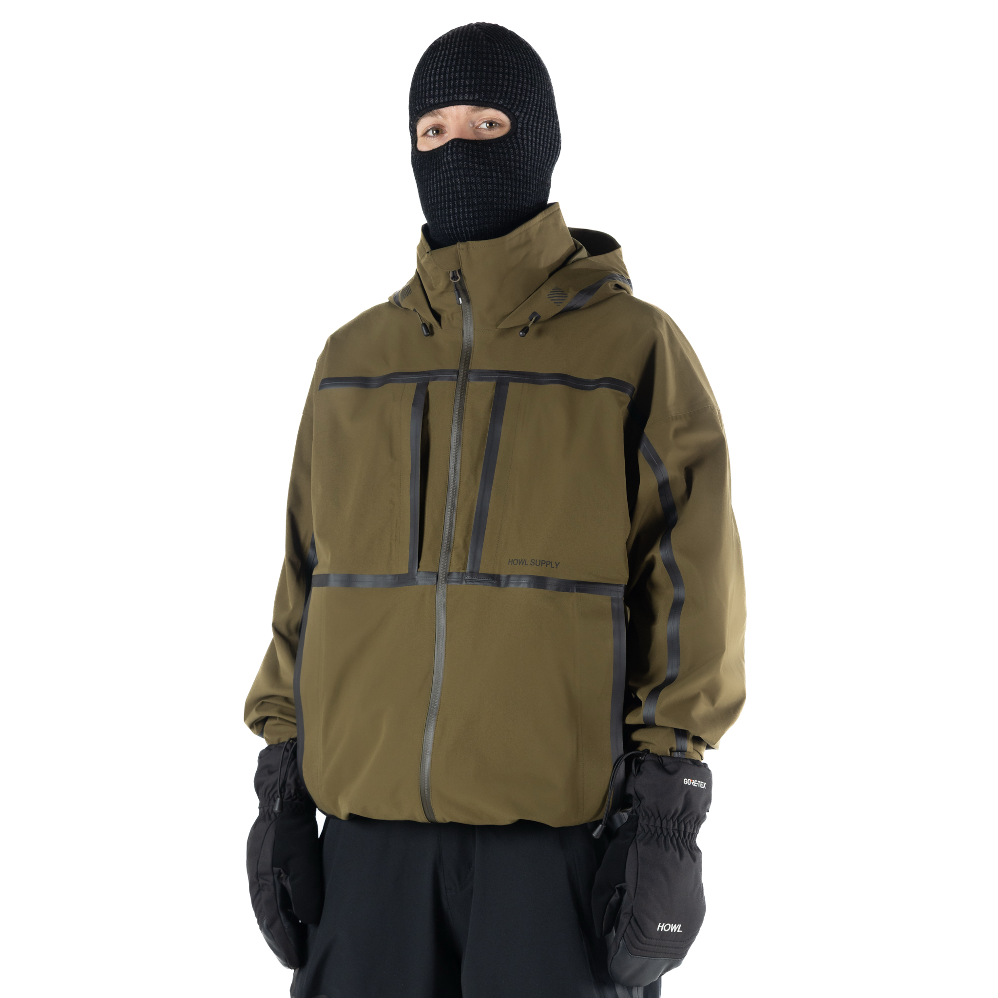 Olive Howl Taped Jacket 2027 for men, showcasing the stylish, waterproof outerwear with taped seams for added durability.