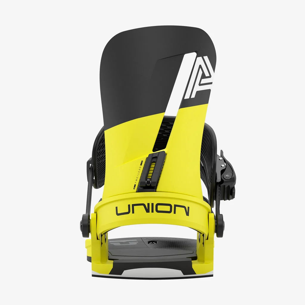Union Atlas snowboard bindings in yellow, shown from the rear, designed for snowboarding with adjustable straps and durable construction.