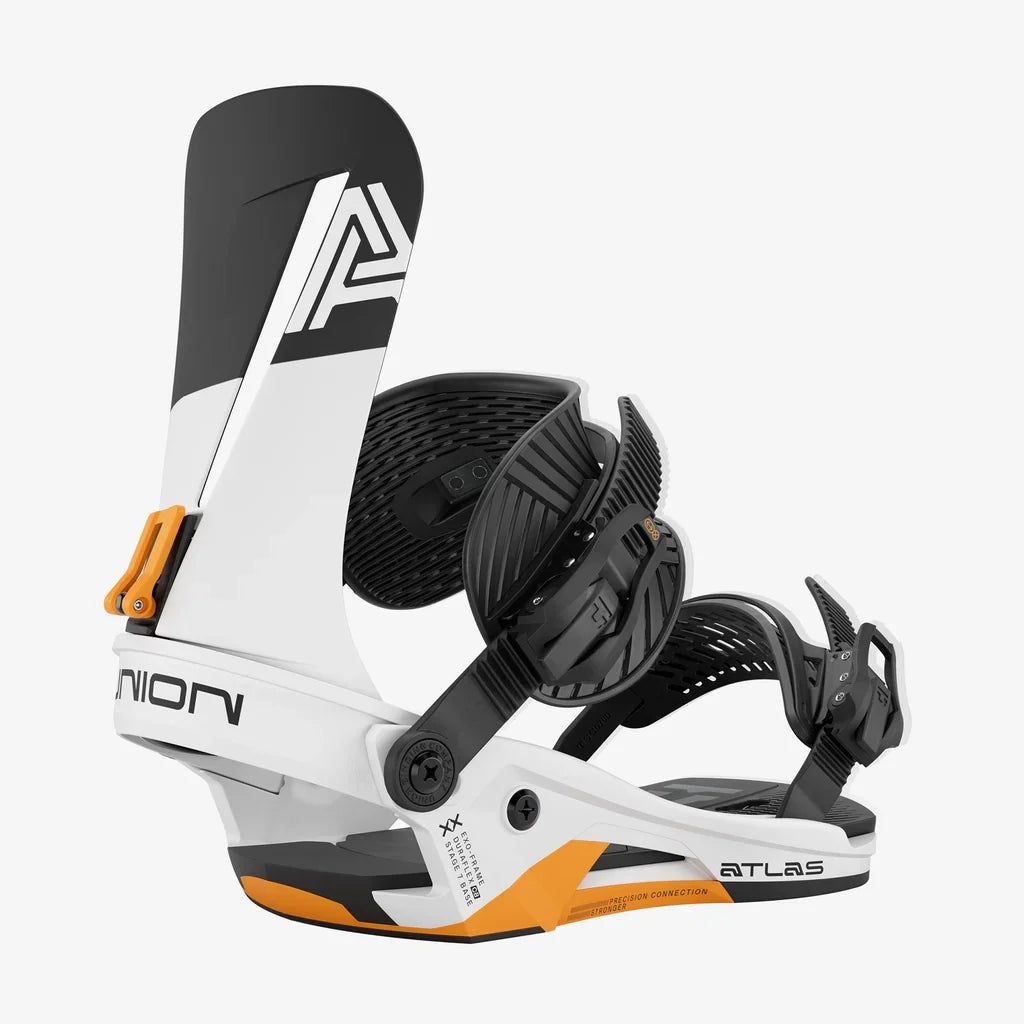 Union Atlas Snowboard Bindings 2026 in white and orange, showcasing adjustable straps and durable construction for snowboarding.