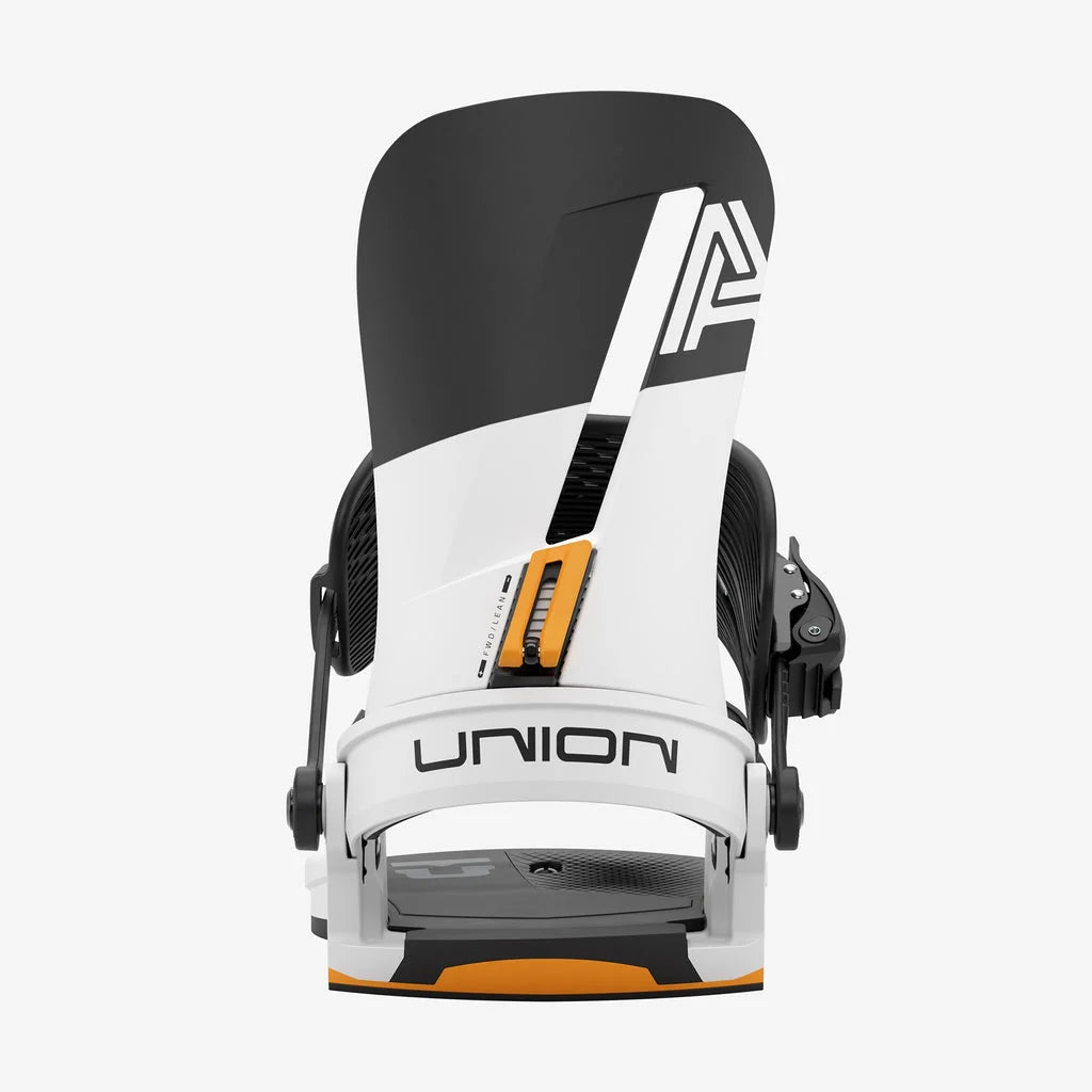 Union Atlas snowboard bindings in white and orange, showing the rear view with padding and strap details.