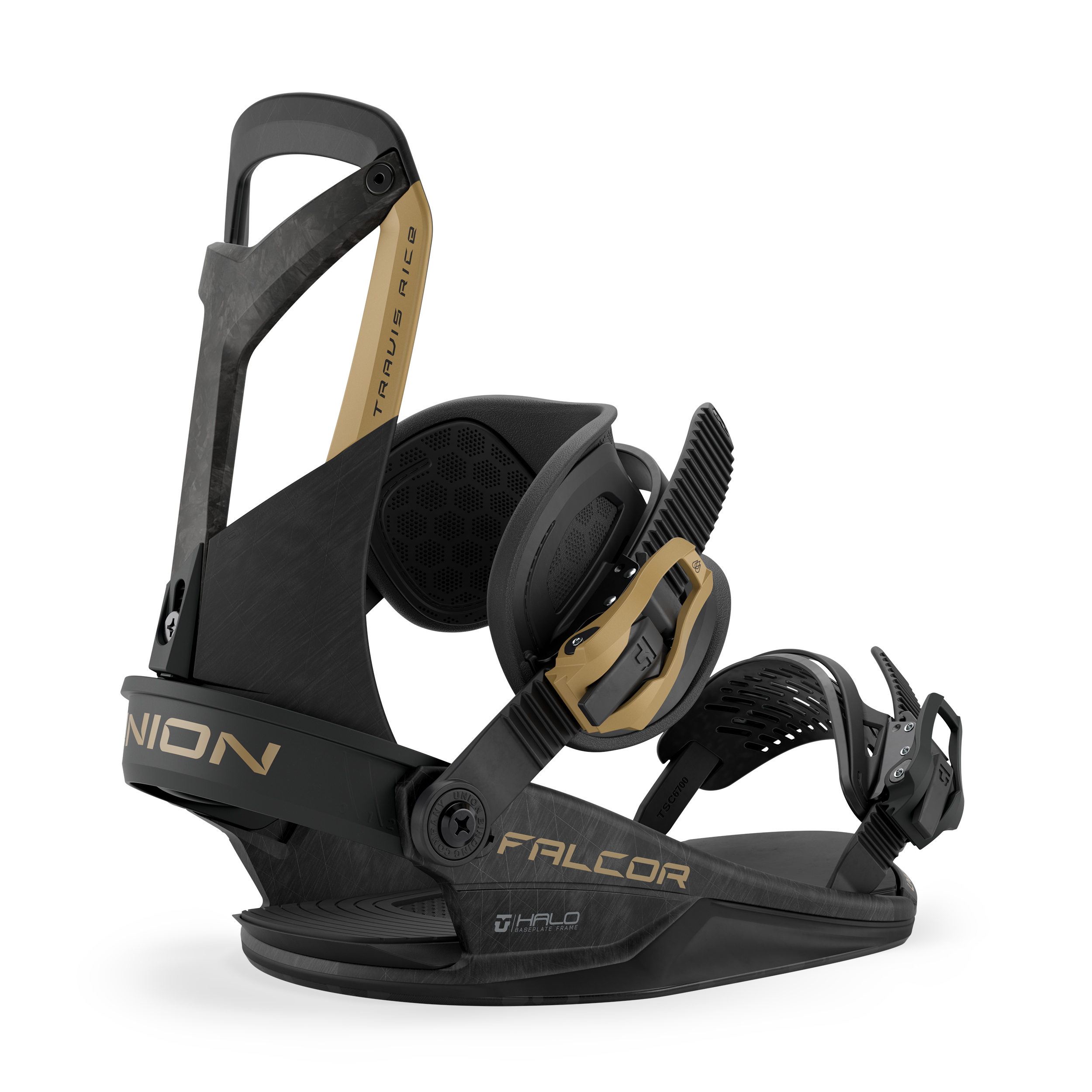 Union Falcor snowboard binding in black, designed for snowboarding, with adjustable straps and durable construction.