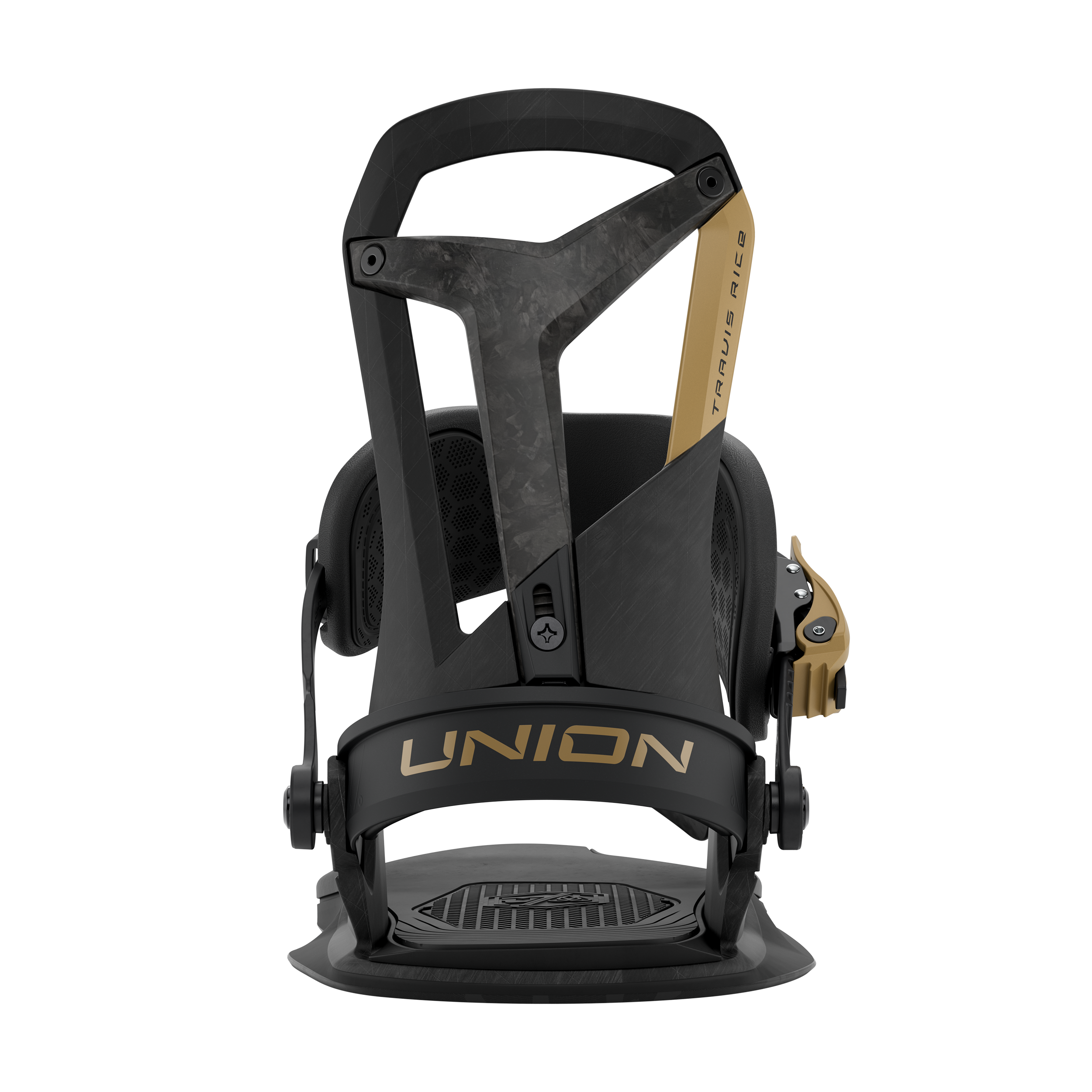 Union Falcor snowboard binding in black, showing the rear view with adjustable straps and high-back design for snowboarding.