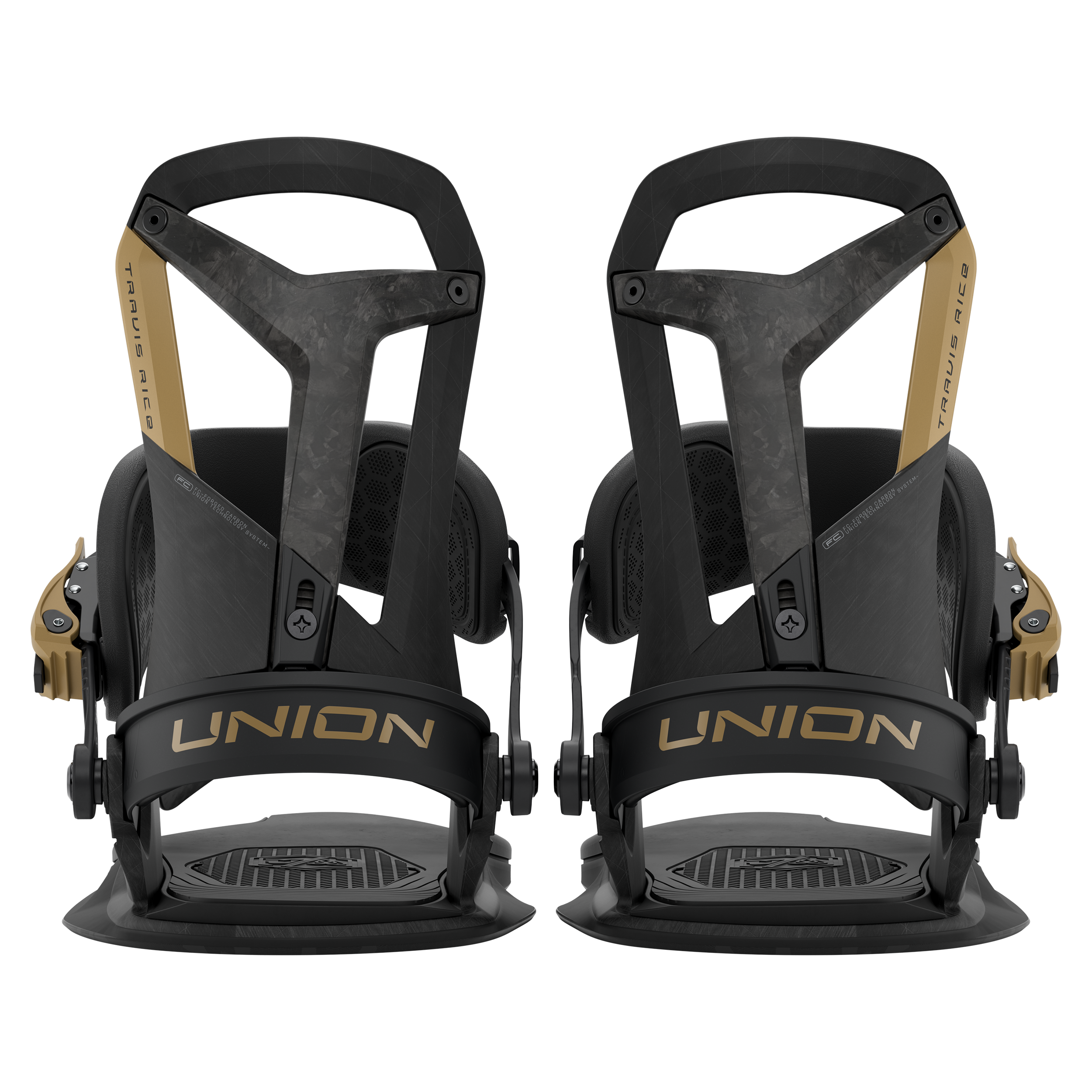 Union Falcor snowboard binding in black, rear view showing adjustable straps and high-back support for all-mountain snowboarding.
