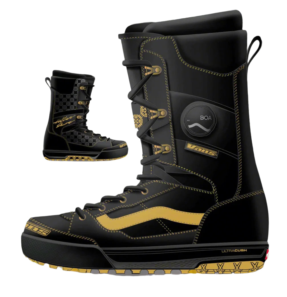Black and gold snowboard boot with BOA system on a white background