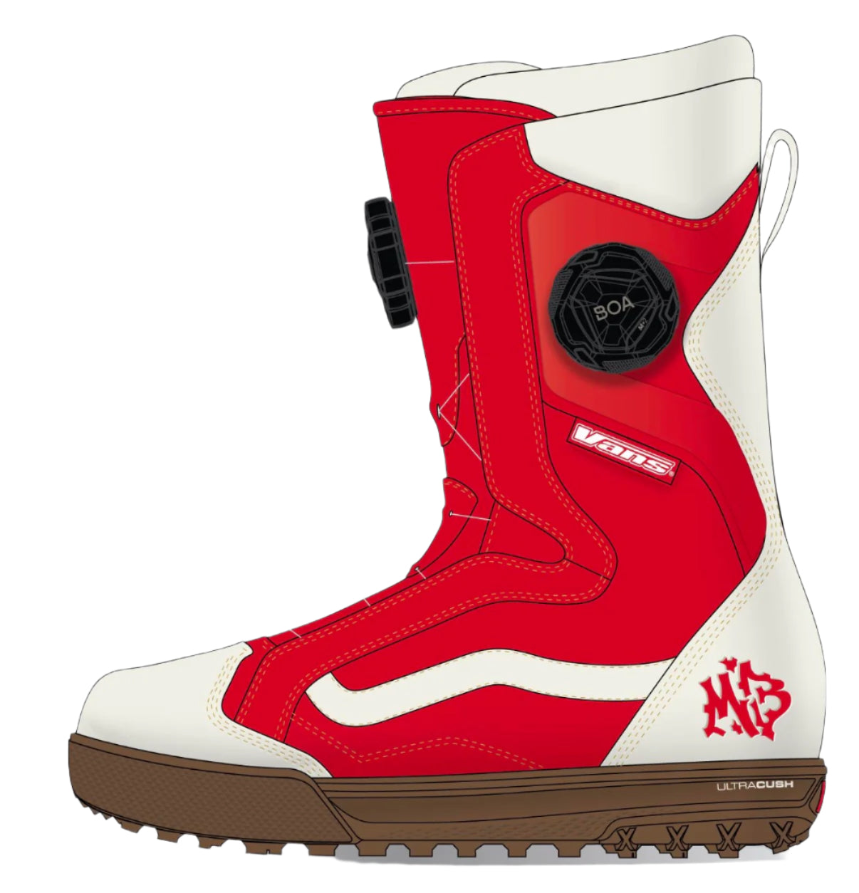 Red and white snowboard boot with visible branding on a white background