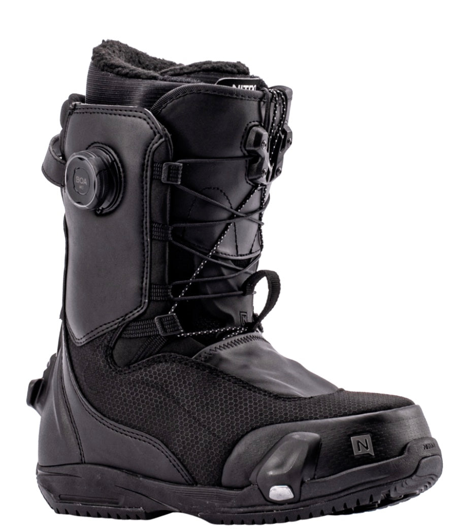 Nitro Fate Step On TLS women's snowboard boots for snowboarding, featuring black and gray design with branding details.