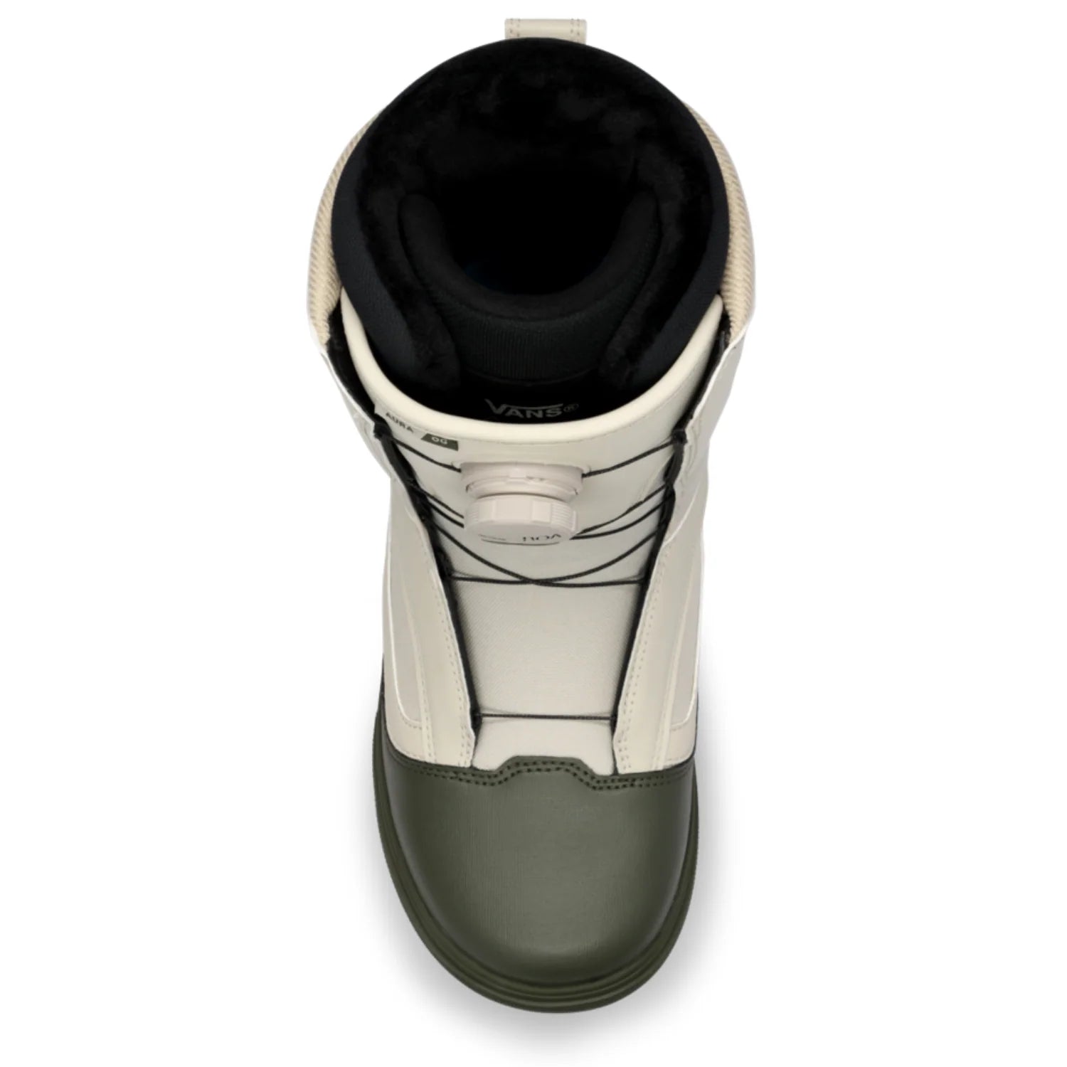 Vans Aura OG snowboard boot in Grape Leaf Oatmeal with black accents, designed for winter snowboarding, shown from the side angle.