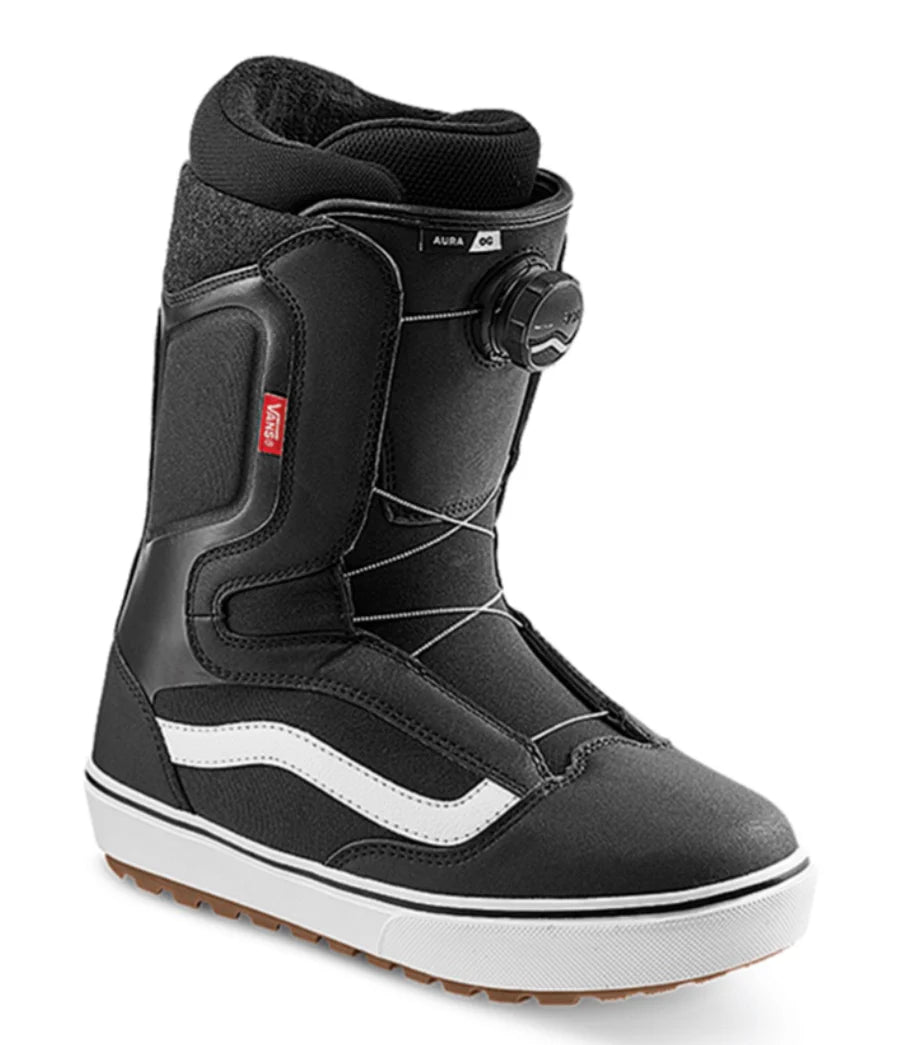 Vans Aura OG men's snowboard boot in black with white accents, featuring padded ankle support and durable lacing system.