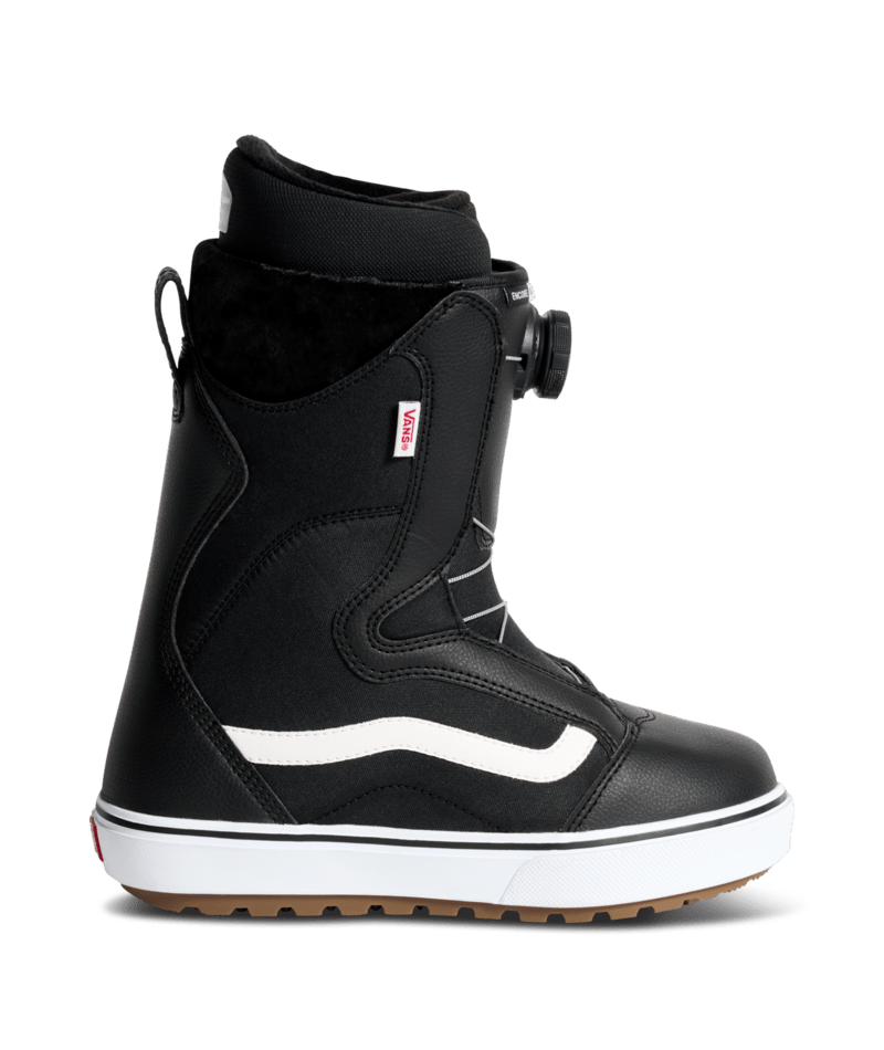Vans Encore OG women's snowboard boot in black with white accents, showcasing the comfortable design and sturdy sole.