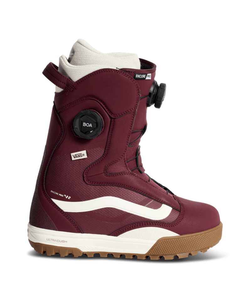 Vans Encore Pro 2.0 women's snowboard boot in port and white, showcasing the boot's side profile and lacing system for snowboarding.