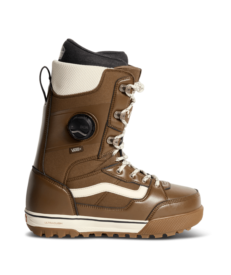 Vans Invado Pro men's snowboard boot in brown with padded collar and lacing system, designed for snowboarding comfort and performance.