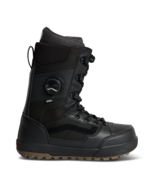 Vans Invado Pro men's snowboard boot with black and grey design, featuring padded collar and secure lacing system.