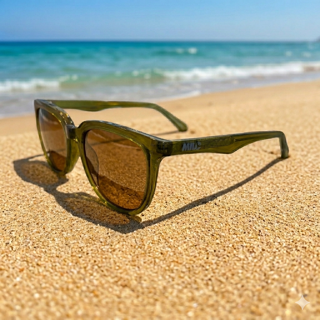 Sunglasses on a sandy beach with ocean in the background