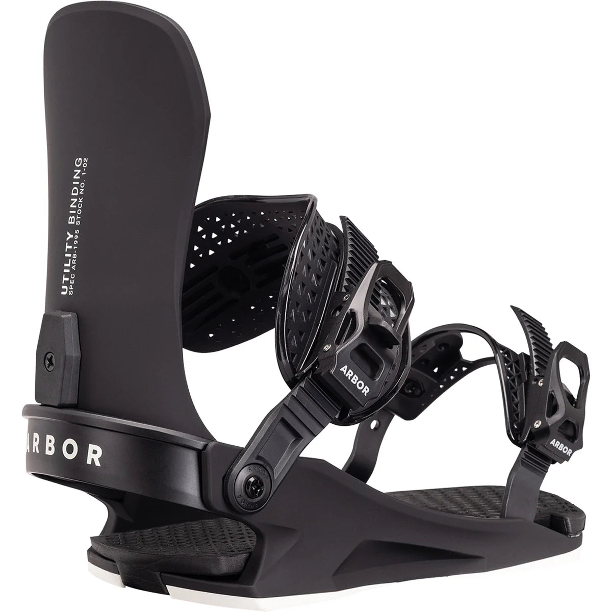 Black Arbor Utility women's snowboard bindings for 2027, featuring adjustable straps and sturdy construction for snowboarding.