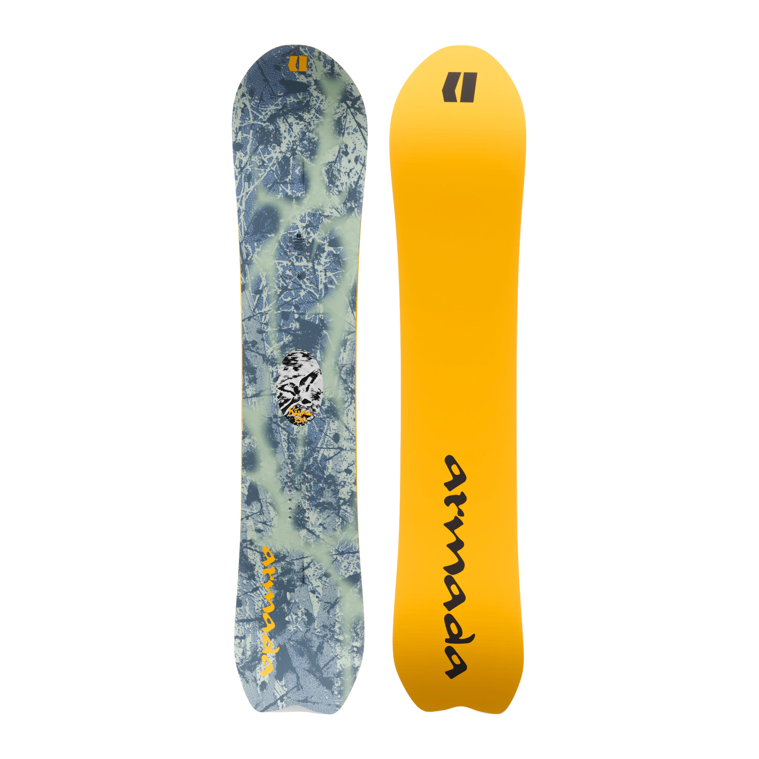 Armada Kure Womens Snowboard 2027 featuring a sleek design, snowboard shape, and brand logo on the top surface.