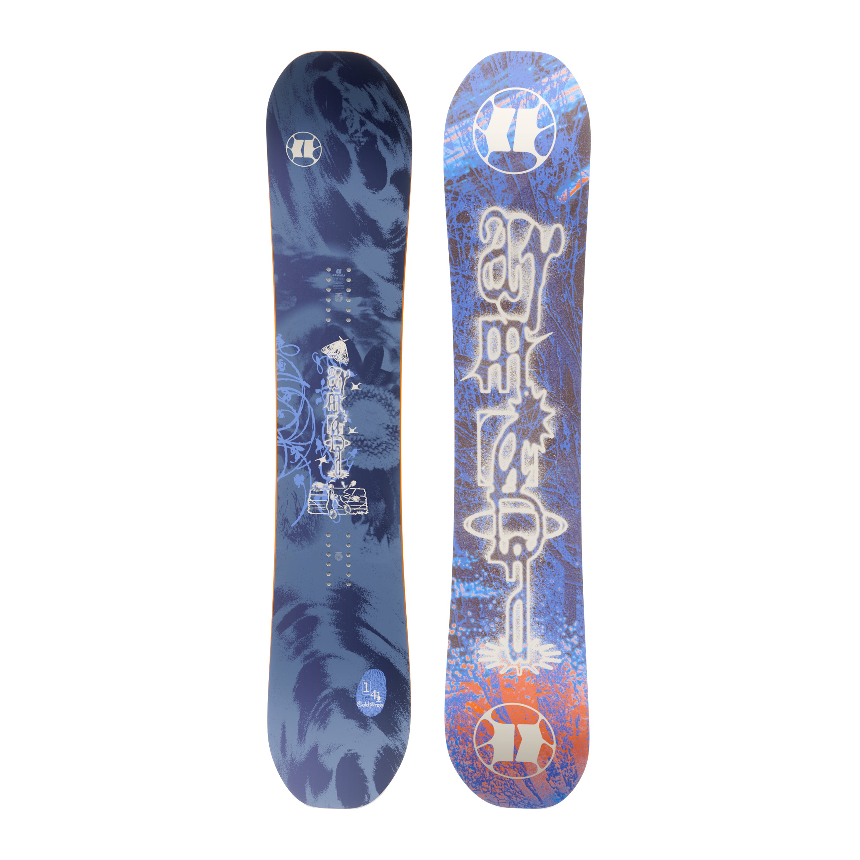 Armada Cold Press Women's Snowboard 2027, side view showing snowboard's design and construction on a snowy landscape.