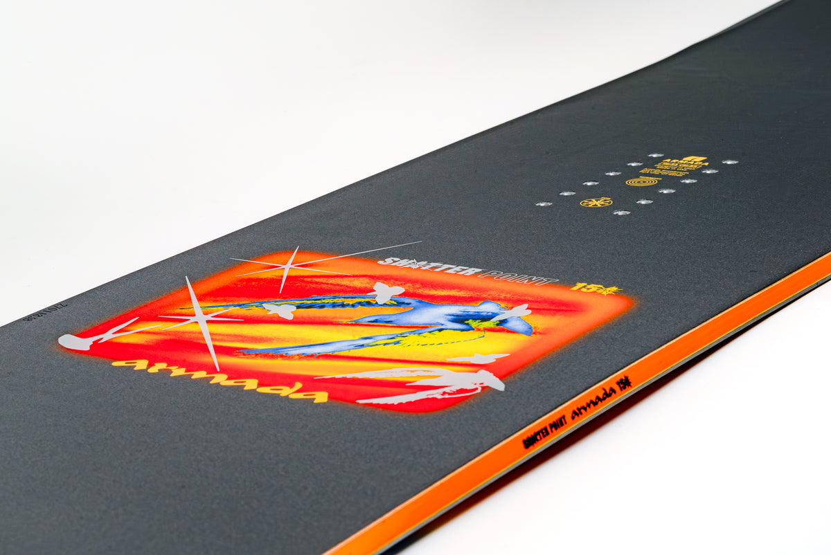 Armada Shatter Point snowboard with sidewall and Milosport graphics, designed for all-mountain snowboarding in 2027.